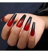 Kikmoya Long Press on Halloween Nails Ombre Red Black Fake Nails 24pcs Ballerina Glossy Design St...