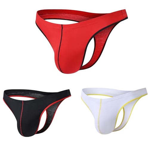 Men's Sexy Thong Underwear, Cotton G-String Low Rise Underpants Red/Black/White 3 Pack4