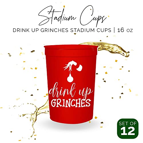 Copos de festa de Natal – Drink Up Grinches – Conjunto de 12 copos de estádio vermelhos e brancos de