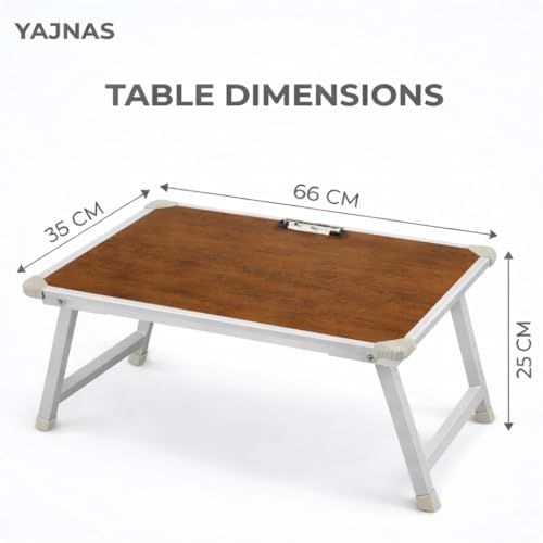Image of YAJNAS Laptop Table for Bed Foldable & Height Adjustable | Portable Study Table for Students & Work from Home | Multipurpose Lap Desk for Writing Reading Office Home | Wooden Texture 15x26 Inch