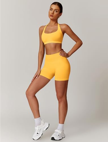 Image of ABOCIW Workout Sets for Women 2 Piece seamless Halter Sports Bra Scrunch Butt Impact Shorts Gym Yoga Outfits