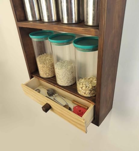 Image of IThree Rustic Wall Mounted Shelf Unit with 3 Tiers, Wooden Storage Rack with Drawer, Dark Brown (Style 2)