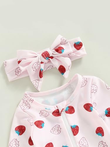 Toddler Girl Strawberry Print Swimwear Jumpsuit Long Sleeve Zipper One-Piece Bathing Suit with Headband4