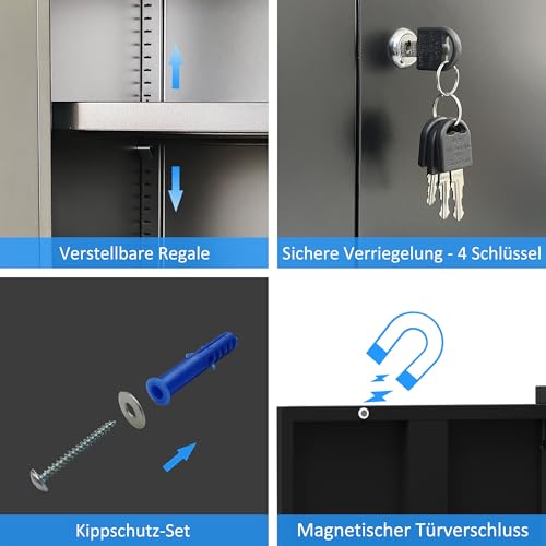 Aktenschrank Büroschrank Lagerschrank Metallschrank Stahlschrank, Aufbewahrungsschrank aus Metall mit verschließbaren Türen und 3 verstellbaren Regalen 136x80x40cm (Schwarz)