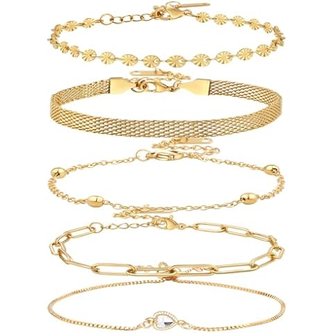 5 Pcs Gold Bracelets for Women 14K Dainty Gold Plated Layered Stackable Bracelets for Women Link Chain Bracelets for Women Trendy Adjustable Cuban Paperclip Chain Bracelet 6.8"+2" Cover