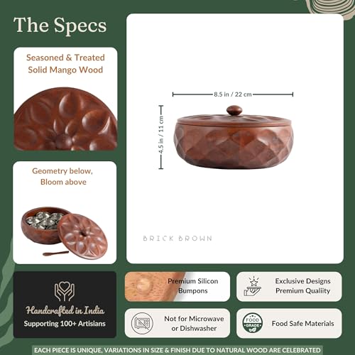 Image of Brick Brown Saku Wooden Masala Box with Lid | Spice Box Organizer Storage Box with 7 Stainless Steel Containers & Wooden Spoon | Hand-Carved Masala Dani Spice Rack for Kitchen 8.5x 8.5 x 4.5 Inch