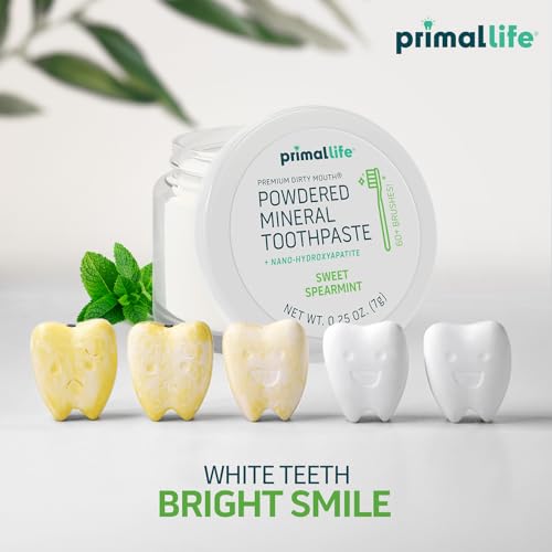 Image of Primal Life Organics - Dirty Mouth Toothpowder, Tooth Cleaning Powder, Flavored Essential Oils with Natural Kaolin & Bentonite Clay, Good for 60+ Brushings, Organic, Vegan (Sweet Spearmint, 0.25 oz)