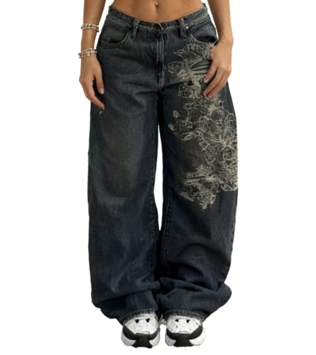 OATSBAS Unisex Y2K Hip-Hop Gothic Jeans Casual Baggy Oversize Streetwear Gragon Print Letter Graphic Retro Denim Pants (Black,Small)