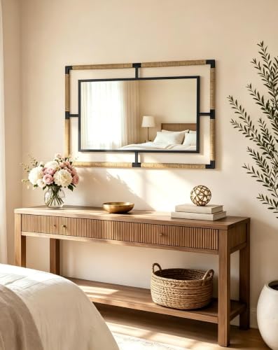 Image of Rectangular Mirror Farmhouse Rural: 35.4x23.6 inch Iron Rope Frame