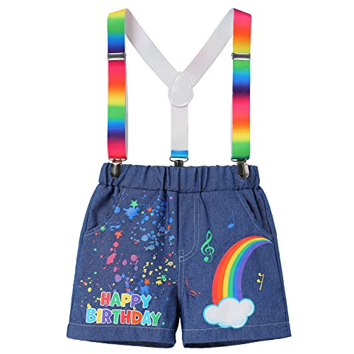 Image of 1st /2nd /3rd /4th /5th Birthday Outfit Boy Short Sleeve Romper /T-shirt+Rainbow Suspenders+Denim Shorts+Birthday Hat 4PCS Clothes
