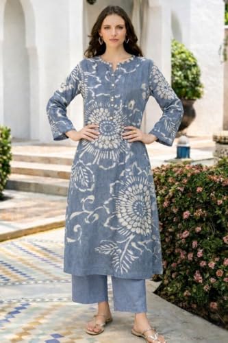 Image of ANNI Designer Kurta Set for Women Erode Rayon Printed | Kurti Set for Woman | Kurta Palazzo 2 Piece Outfit | Band Collar 3 /4 Sleeve A-Line Fit Ethnic Dress Stylish Kurta Sets for Women Clothing