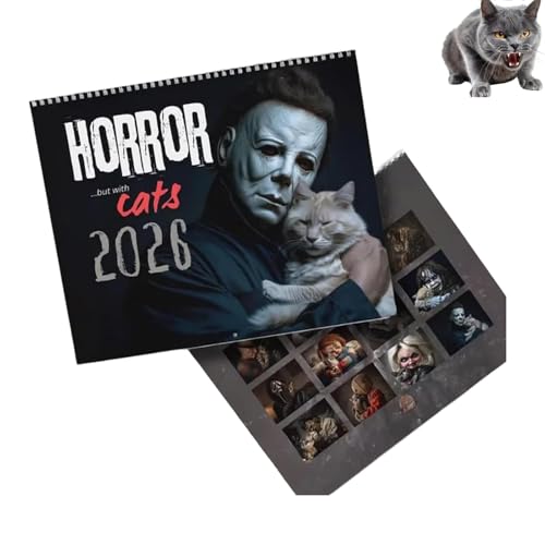 2026 Halloween Horror Movie & Cats Wall Calendar, Spooky Feline Art with Fear Theme Illustrations Calendar, 12 Month Spiral Bound Planner Wall, Ideal for Horror Film Fans & Halloween Decor (1)