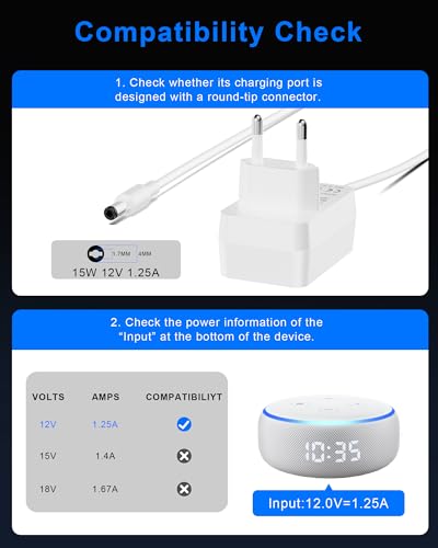 RENGOGA 15W Netzteil Compatible with Echo Dot 3/4 Gen Echo Dot mit Uhr 3/4 Gen Echo Dot Kids Edition 3/4 Gen Echo Show 5 (1./2. Gen.) Echo Spot Fire TV Cube. 12V/1.25A Ladegerät Netzadapter 1.5M Weiß