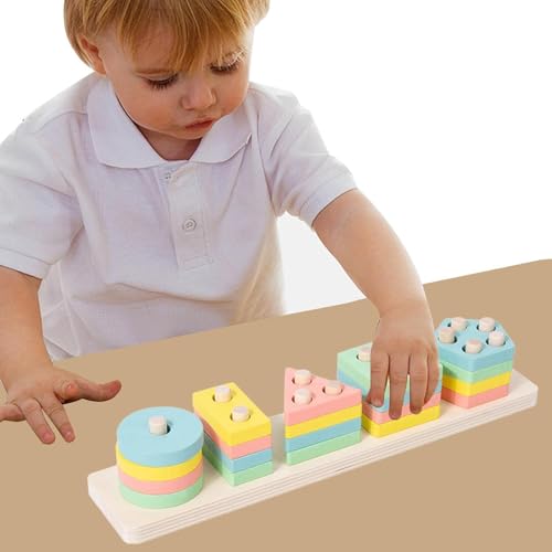 Image of SHINETOY Rainbow 5-Column Wooden Sorting & Stacking Toy | Color & Shape Recognition Blocks | Montessori Educational Toy for Toddlers, 21pcs