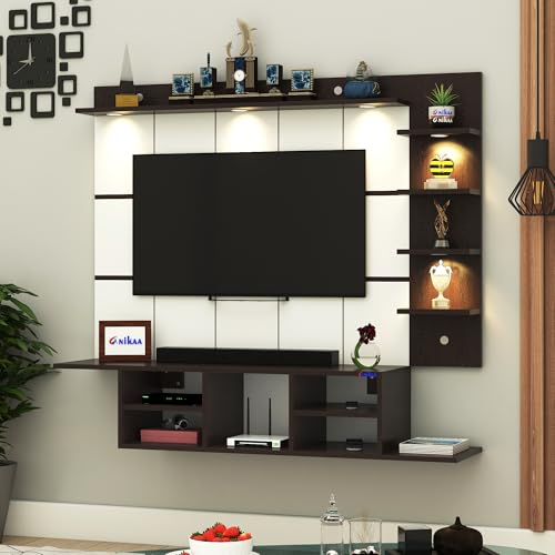 Image of Anikaa Charley Engineered Wood Wall Mount Striped PVC Back Panel TV Unit with Spot LED Lights | TV Cabinet with Open Storage Box (Wenge) | Ideal for UP to 43 Inch TVs - DIY Installation