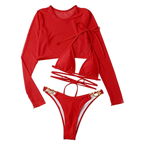 Maillot de bain 3 pièces anti-UV à manches longues et short de bain protecteur rouge M