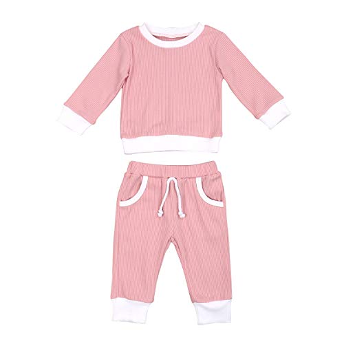Unisex Infant Baby Girl Boy Outfits Ribbed Long Sleeve Tee and Pants with Pockets 2 Piece Set (6-12 Months,Pink)