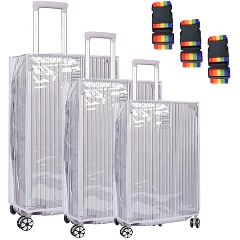 FMOACEN 3PCS Clear Suitcase Cover Protectors with Colorful Straps, (20 Inches, 24 Inches, 28 Inches) Transparent PVC Waterproof Luggage Protective Cover Dustproof Travel Luggage Sleeve Protector Cover