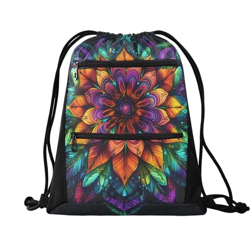 Quteprint Sport-Rucksack mit Kordelzug – buntes Hippie-Mandala, atmungsaktives Netzgewebe mit wasserabweisenden Reißverschlusstaschen, bequeme Seilgurte für Reisen, Outdoor, Yoga, Tanz, Strand