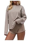 SOLY HUX Women's Striped Long Sleeve T Shirts Henley Tops Crew Neck Button Classic Tees Fall Clothes Brown Striped Large