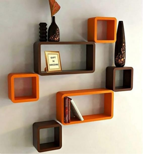 Blackperlcrafts by Wood Shelf Rack(Set of 6) Beautiful Wall Shelves Book Shelf Floating Shelves Wall Hanging Home Decor Wooden Shelves (Orange & Brown)