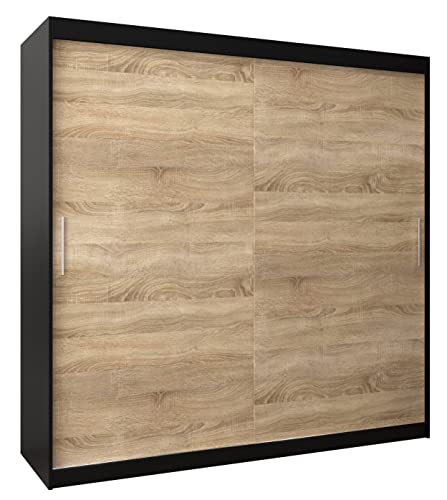 MEBLE KRYSPOL Tokyo 200 Kleiderschrank mit Zwei Schiebetüren für Schlafzimmer – moderner Aufbewahrungsschrank mit Kleiderstange und Regalen – 200x200x62cm - Mattschwarz + Sonoma