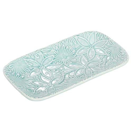 Emibele Jewelry Organizer Vanity Tray, Bathroom Kitchen Dresser Ceramic Tray with Sculptured Pattern, Jewelry Dish Ring Holder Display Trinket Cosmetic Organizer Dessert Plate Home Decor, Mint Green
