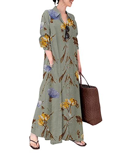 ZANZEA Womens Casual Shirt Dress Long Sleeve Loose Button Down Maxi Dress Floral Printed T Shirt Dress Floor Long Dress with Pockets C-Grey XXL