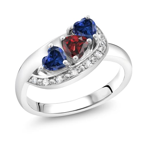 Gem Stone King 925 Sterling Silver Red Garnet and Blue Created Sapphire Engagement Ring For Women (1.39 Cttw, Heart Shape 4MM, Available in Size 5,6,7,8,9)