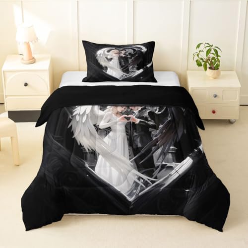 Image of Erosebridal Angel Wings Kids Bedding | Black and White Angel Twin Comforter Sets,Romance Love Comforter Princess Fairy Style Duvet Insert with 1 Pillow Case
