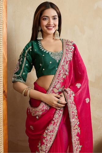 Image of SGF11 Women's Fendy Chiffon Silk Embroidery Work Saree With Blouse Piece