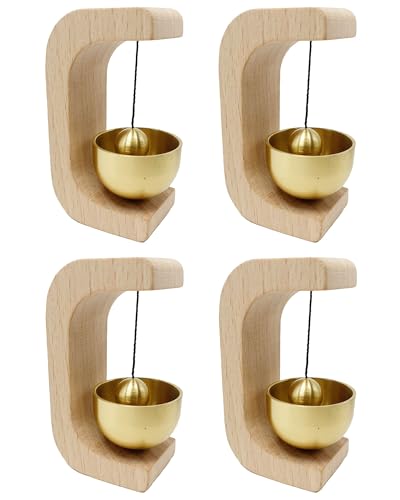 XIUCAI 4-Piece Wood Door Chime, with Magnetic or Adhesive Mounting, No-Tools Installation, Brass Bell for Renting Moving Entryway Decor,Raw Wood Magnetic