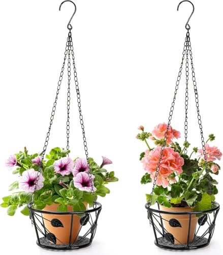 Image of SIRAAJ Pack of 2 Metal Hanging Flower Baskets with Chain - 8.7 Inch Round Decorative Planter Holders for Indoor & Outdoor Plants