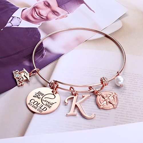 Inspirational Graduation Gifts Compass Bracelet, Rose Gold Compass Bangle Charm Bracelet Inspirational She Believed She Could So She Did Initial A Bracelet Friendship Gifts Graduation Gifts For Her #TOP5