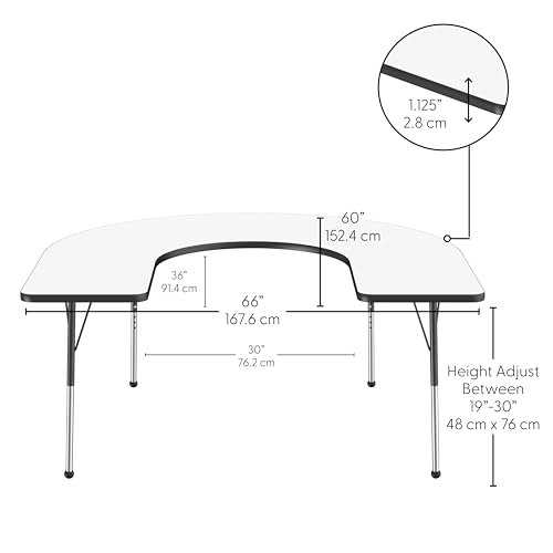 Image of FDP Dry-Erase Horseshoe Activity School and Office Table (60 x 66 inch), Standard Legs with Ball Glides for Collaborative Spaces, Adjustable Height 19-30 inches - Whiteboard Top and Black Edge
