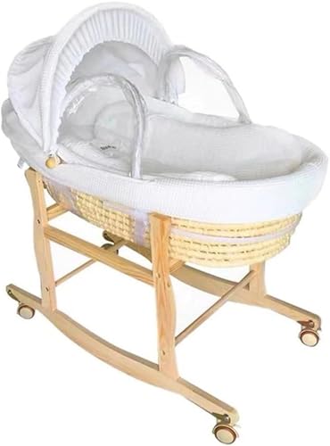 Acnivkoベビーバスケット ベビー用クーファン ゆりかご 敷きふとん付き 木製クーハンスタンド付き ナチュラル 赤ちゃん 退院 (ホワイト+コットン+木枠のエクストラロングスタイル)