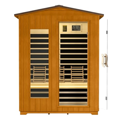 springspa Outdoor Infrared Sauna 3 Person for Home, 15amp Low EMF Far Infrared Spruce Wooden Sauna with Bluetooth,LCD Panel