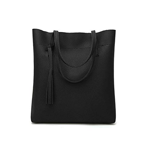 Sac souple épaule en cuir pour femmes grand fourre-tout à pompon noir
