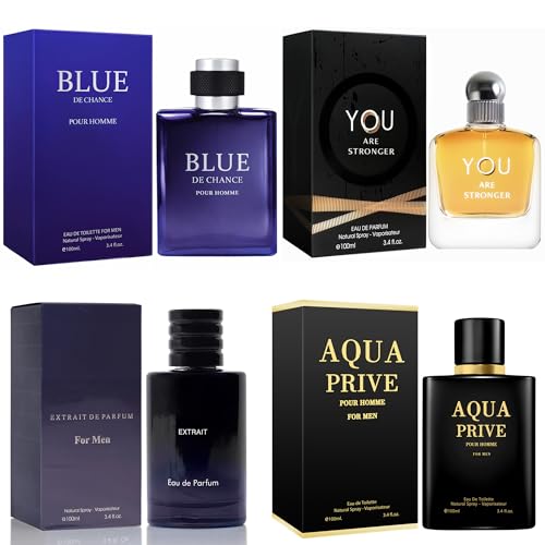 META-BOSEM Mens Cologne Set, Eau de Parfum, 4 Pack (3.4 oz / 100 mL Each), AQUA PRIVE, Savag, BLUE DE CHANCE, YOU ARE STRONGER, Vantage Azure Mix, for commute, summer days and travel