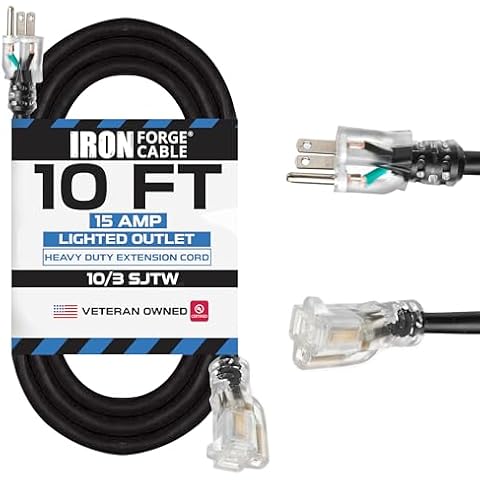 Iron Forge Cable 10 Gauge Extension Cord 10 ft, 10/3 Heavy Duty Extension Cord 10 Foot 3 Prong Lighted End, SJTW Weatherproof Black Power Cable for Major Appliances, 15 AMP - US Veteran Owned Cover