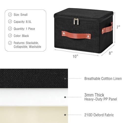 Image of Storage Bin Box with Zippered Lid Cotton Linen Fabric Decorative Basket with PU Leather Handles PP Plastic Board Foldable Lidded Clothing Shelf Closet Organizer Container (Black, Small)
