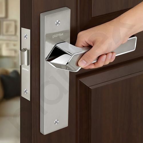 Image of Plantex Heavy Duty Bathroom Door Lock - Mortise 8 Inch Keyless Plate Handle Set for Home /Bathroom /Store Room /Balcony /Office with Baby Latch (8133-Satin Steel & Chrome)