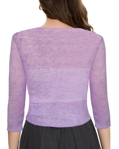 Image of Women Crop Cardigan Sheer Mesh Bolero Shrug for Dress Tie Front 3 /4 Sleeve Tops