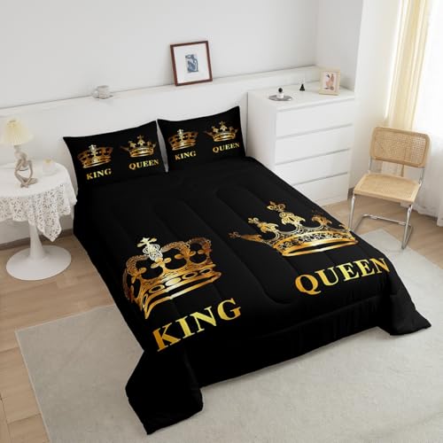 Image of Feelyou Gold Crown Bedding Set for Kids Boys Girls Queen, King Queen Comforter Set Mr Mrs Comforter Anniversary Duvet Set Men with 2 Pillow Case