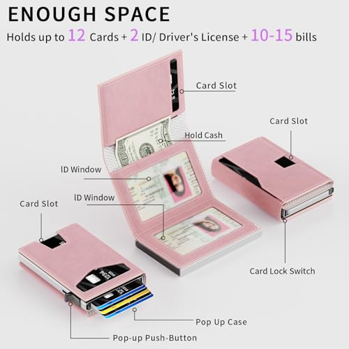 KISUEDZP RFID Wallet Women: Stylish Security Metal Wallet for 10-12 Cards & 2 ID Windows - Smart Pop-Up Credit Card Holder & Cash Slot in Compact Trifold Design,Gift for Her(Pink) — view 3