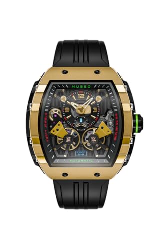Nubeo Reloj automático Magellan de 48 mm para hombre con correa de goma NB-6100, Oro negro., Correa