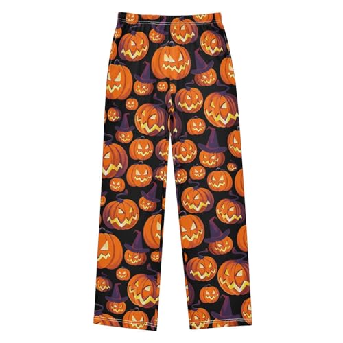 Pumpkin and Witch Hat Boys Long Pants Soft Trousers Elastic Waist Kids Lounge Bottoms with Pockets S-XL