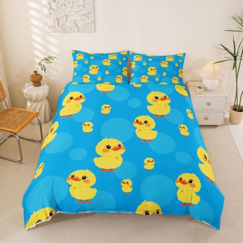 Manfei Ducks Bedding Set Toddler Size Cartoon Baby Duck Duvet Cover Set 2Pcs for Kids Girls Boys Room Decor Cute Farmhouse Animals Soft Blue Yellow Quilt Cover,1 Pillowcase(No Core)