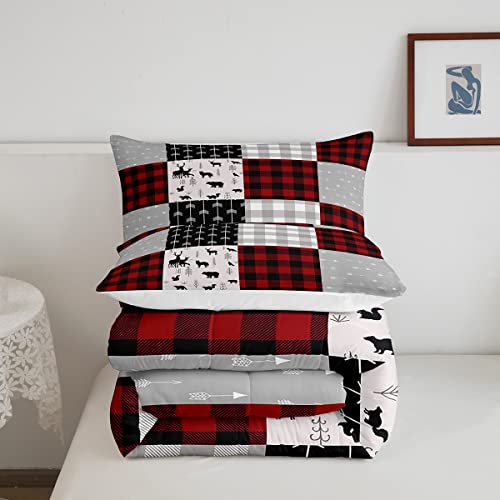 Buffalo Plaid Bedding Set For Boys Girls, Woodland Moose Duvet Sets Vintage Deer Bear Comforter Set Queen, Buffalo Plaid Farm Animal Quilted Duvet Rustic Patchwork Down Comforter, Red Black Grey #TOP4