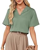 Women's Satin Silk Shirts Short Sleeve Casual Work Blouse Lapel V Neck Pullover Tops Army Green S